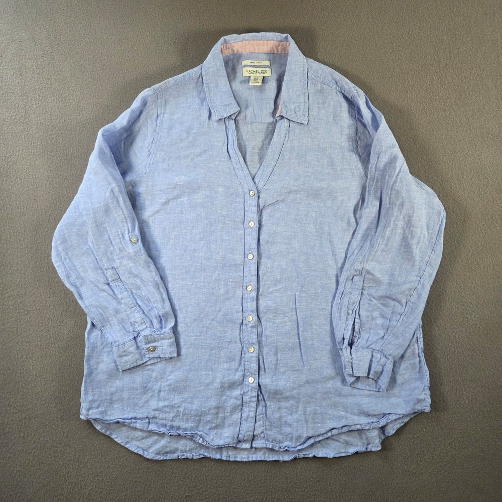 Rachel Zoe Shirt Womens XL Blue Linen Oversized Tunic V Neck Collared Blouse